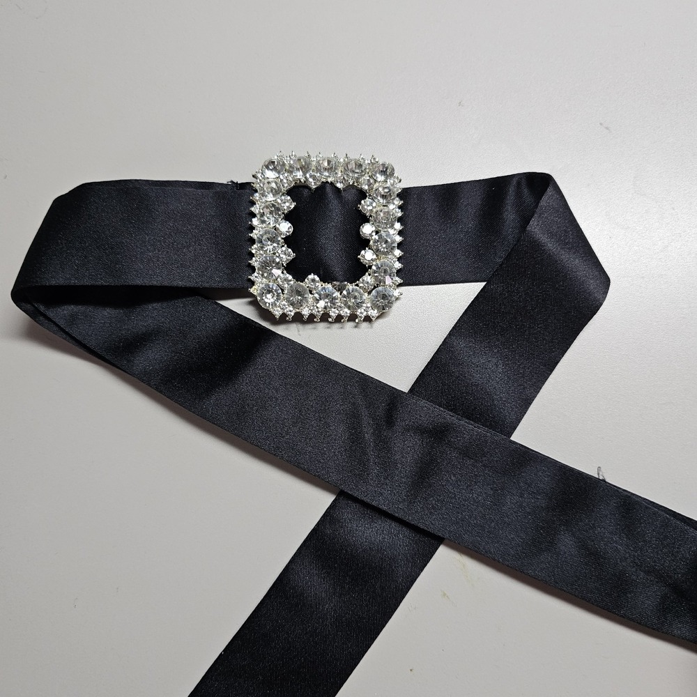 Clear Rhinestone Belt Buckle Black Ribbon Belt Adjustable